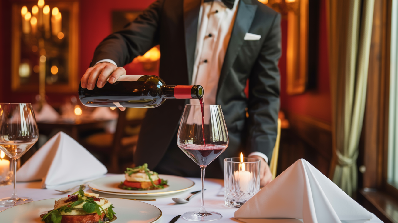 Sommelier pouring wine at a fine dining restaurant table with food visible