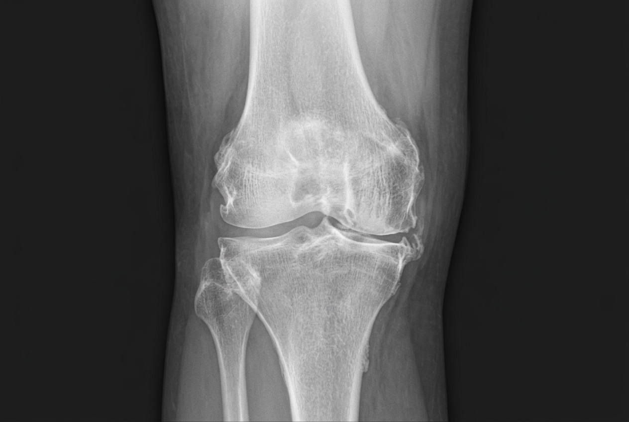Anteroposterior X-ray of an osteoarthritic knee showing the worn joint space, hardened bone beneath the surface and bone spurs around the joint margins