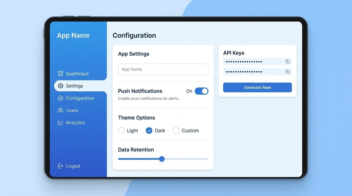 PusWeb dashboard interface showing app configuration settings