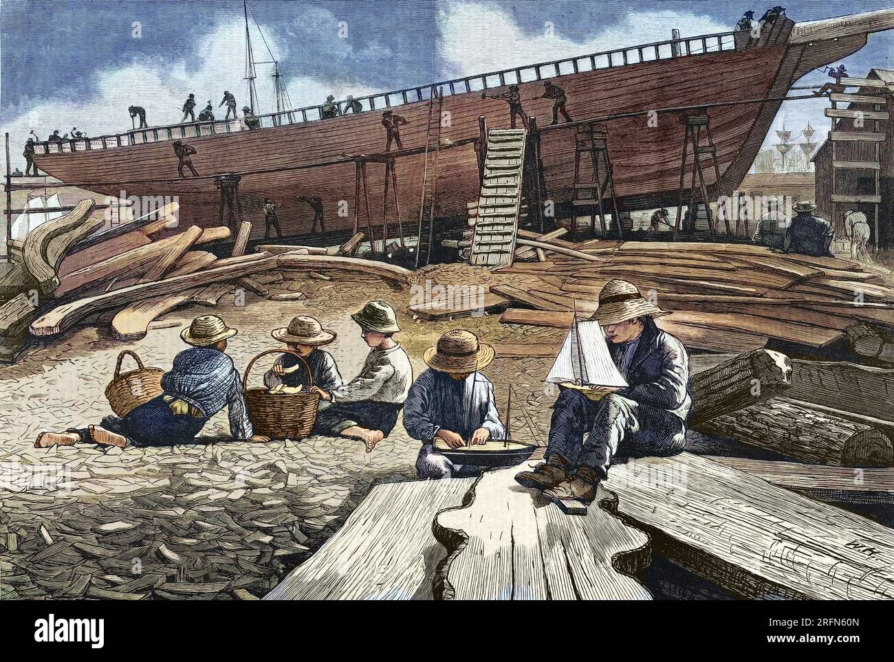 18th century shipyard scene with workers building a vessel