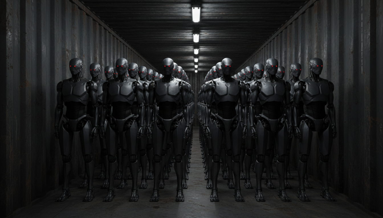 Humanoid robots packed inside a shipping container