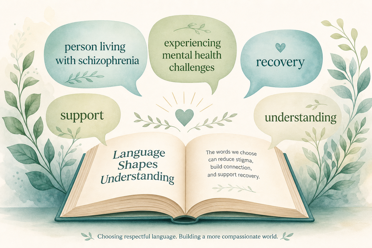 An open book with kind, respectful words in soft teal tones — representing a guide to thoughtful language around mental health