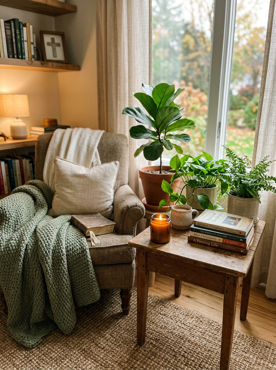 Cozy reading nook with books, candle, and plants