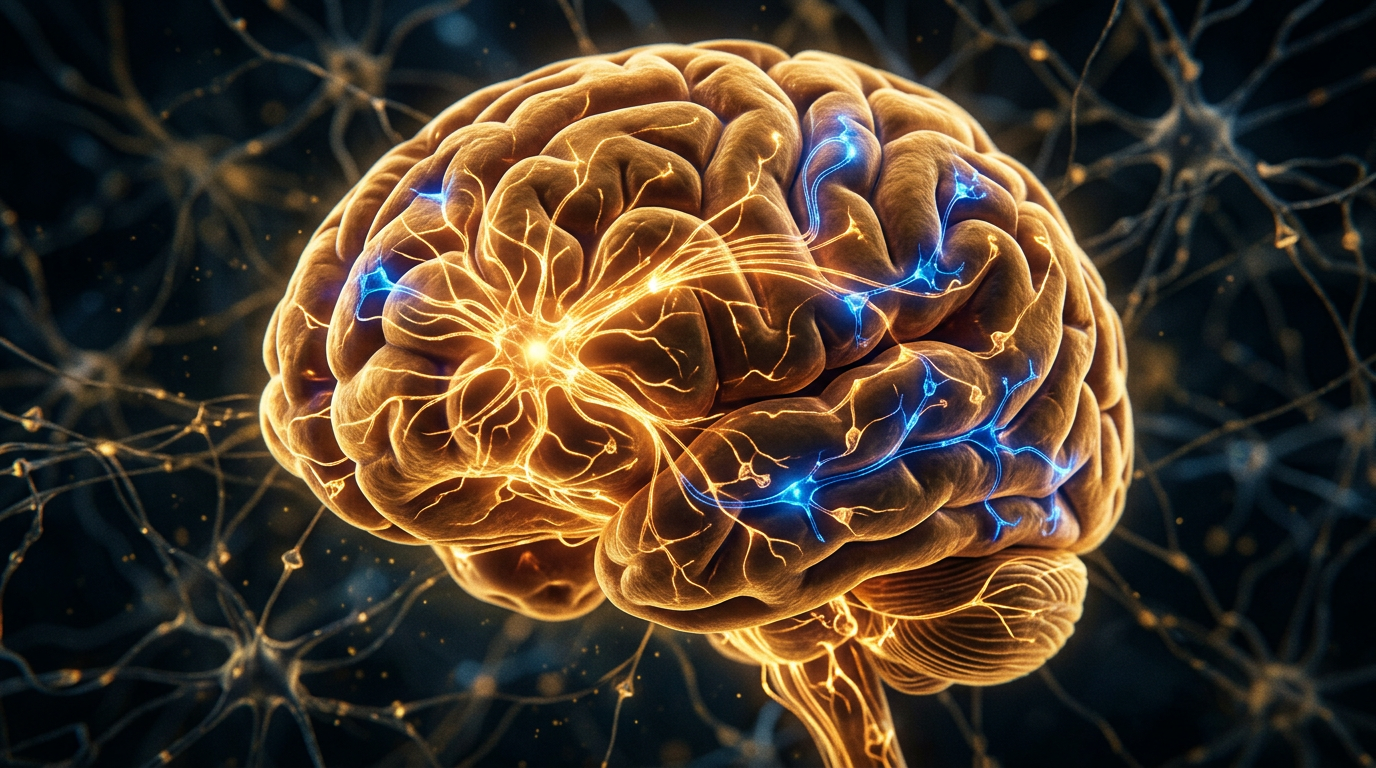 Ilustração de cérebro humano com vias neurais iluminadas — a neurociência por trás da concentração