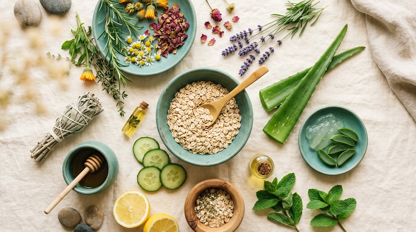 Soothing natural skincare ingredients and fresh produce representing a skin recovery plan