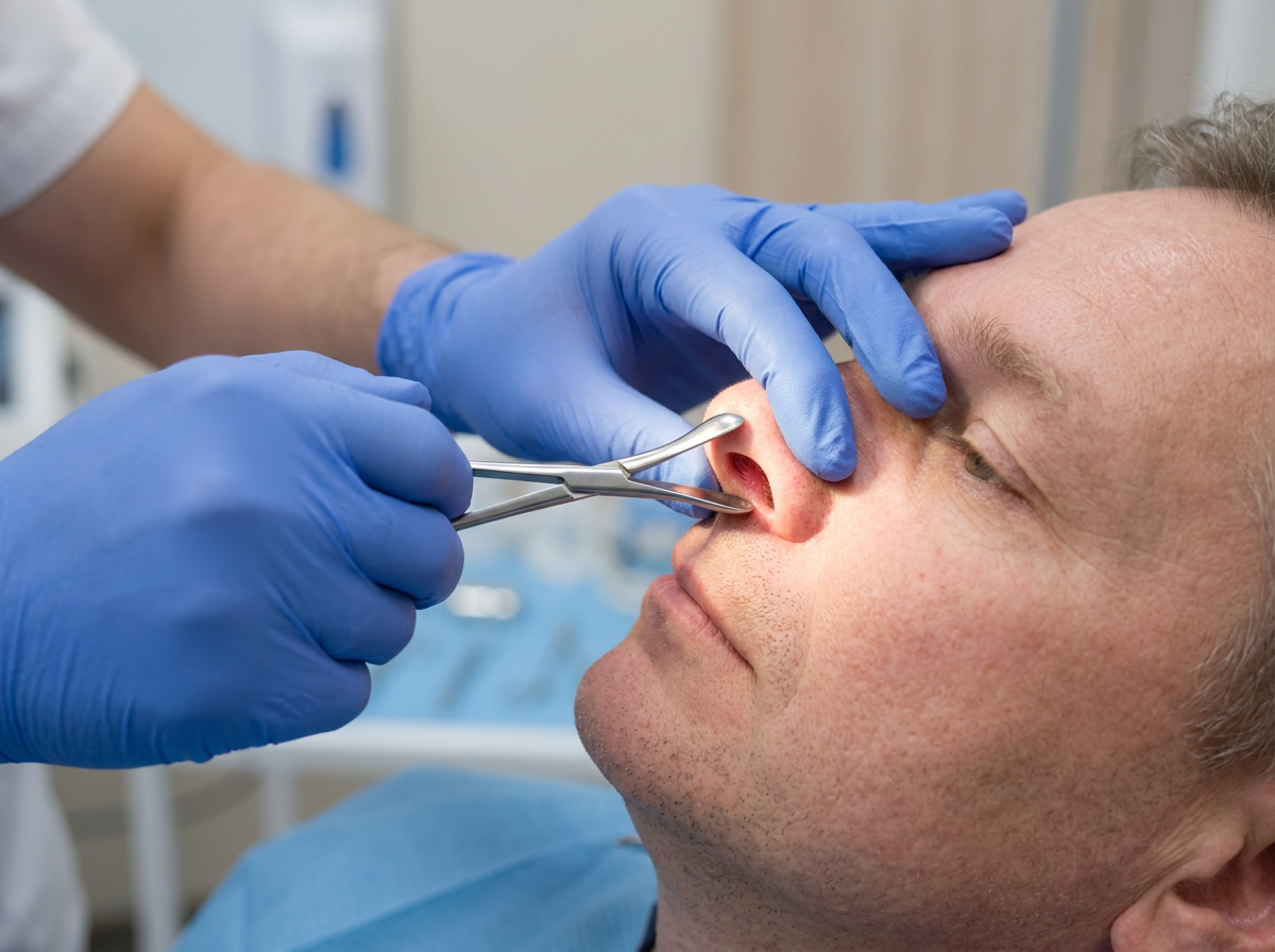 Close-up of gloved clinical hands using a metal nasal speculum to examine a veteran nasal passage during anterior rhinoscopy