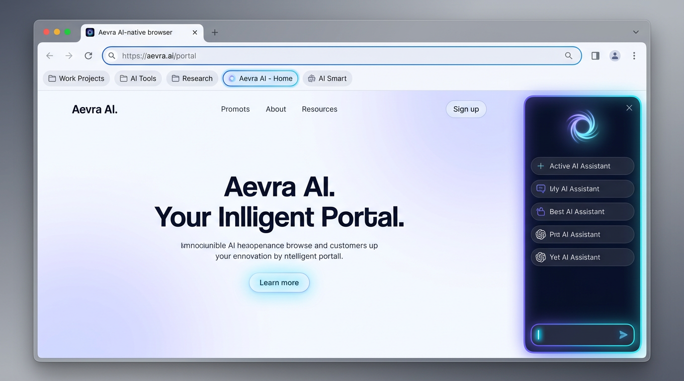 Aevra Browser Interface - AI-powered sidebar with luminous indigo-cyan gradients