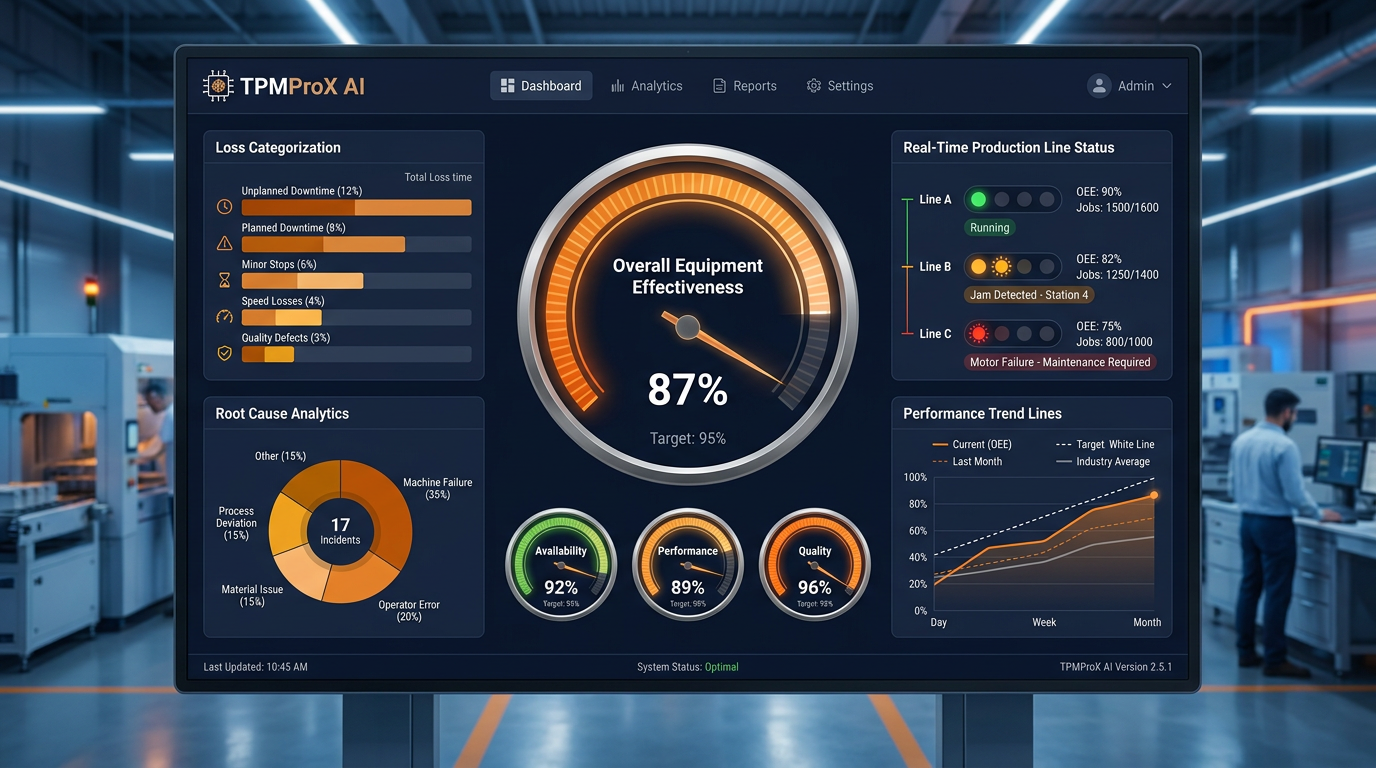 TPMProX AI™ OEE Intelligence Dashboard showing real-time equipment effectiveness