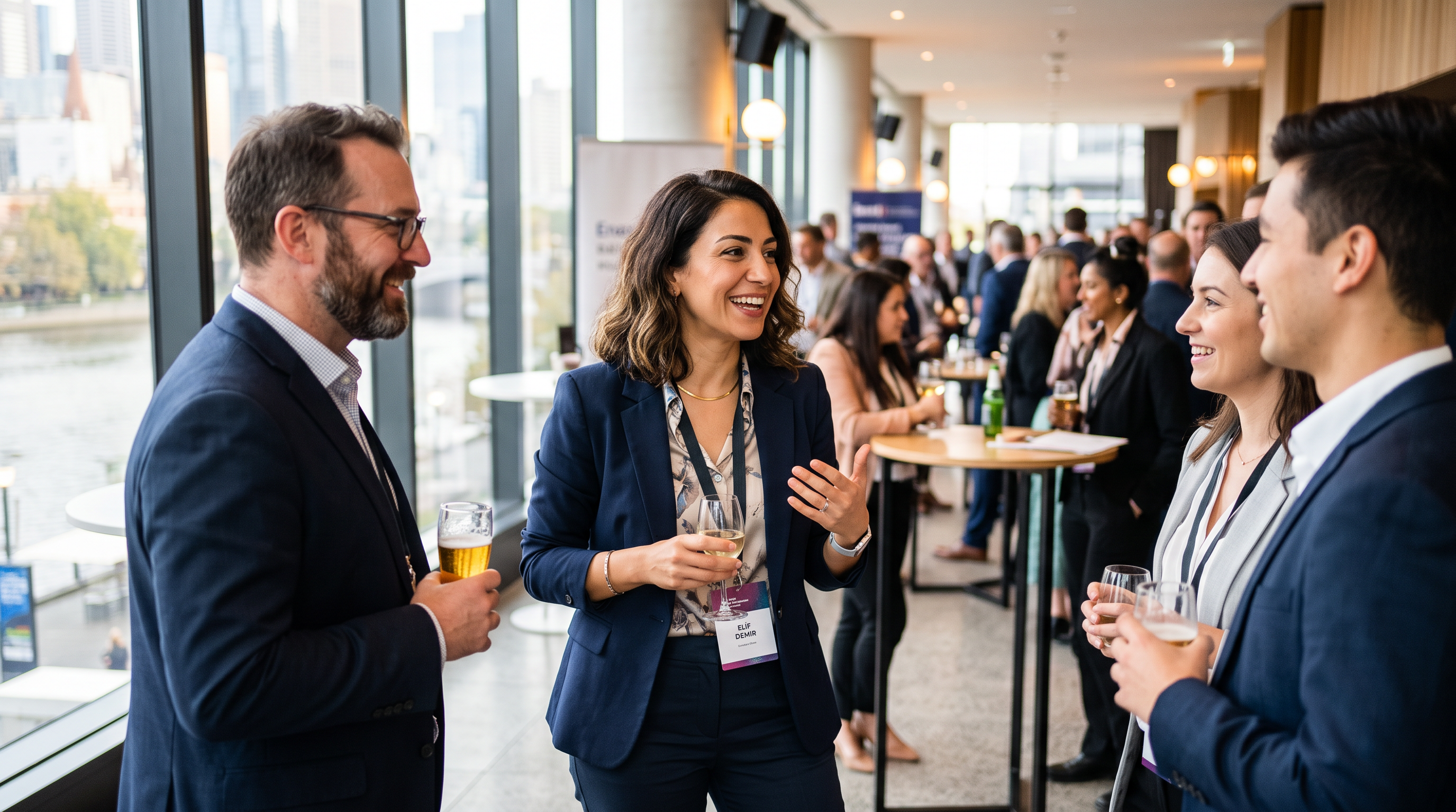 A Turkish-background professional woman networking confidently at an Australian business event