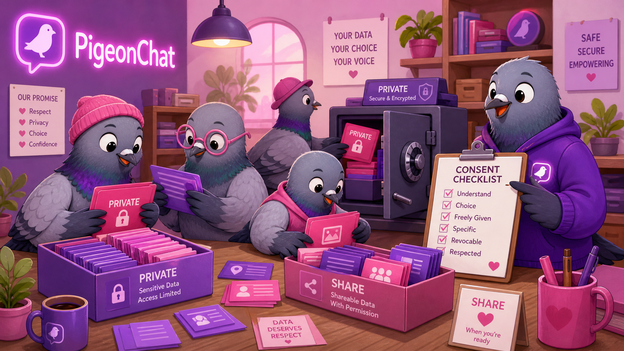Pigeon characters in a workshop sorting through data cards and consent checklists representing data autonomy