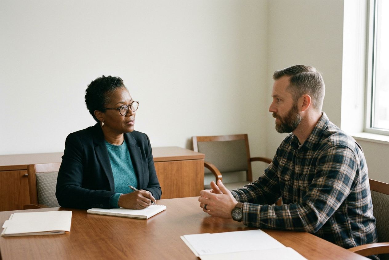 A vocational counselor meeting with a male veteran at a table, discussing how his symptoms affect his work