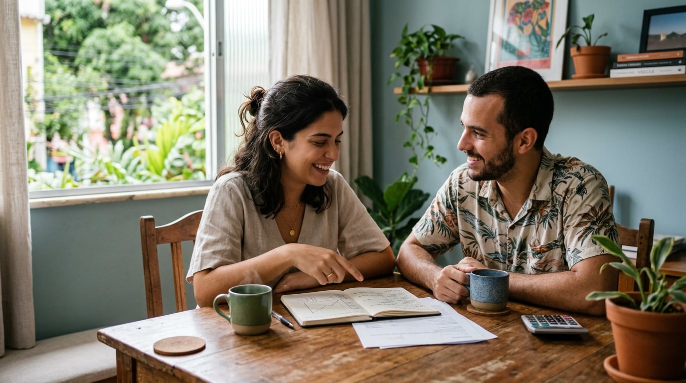 Casal conversando sobre finanças à mesa com café