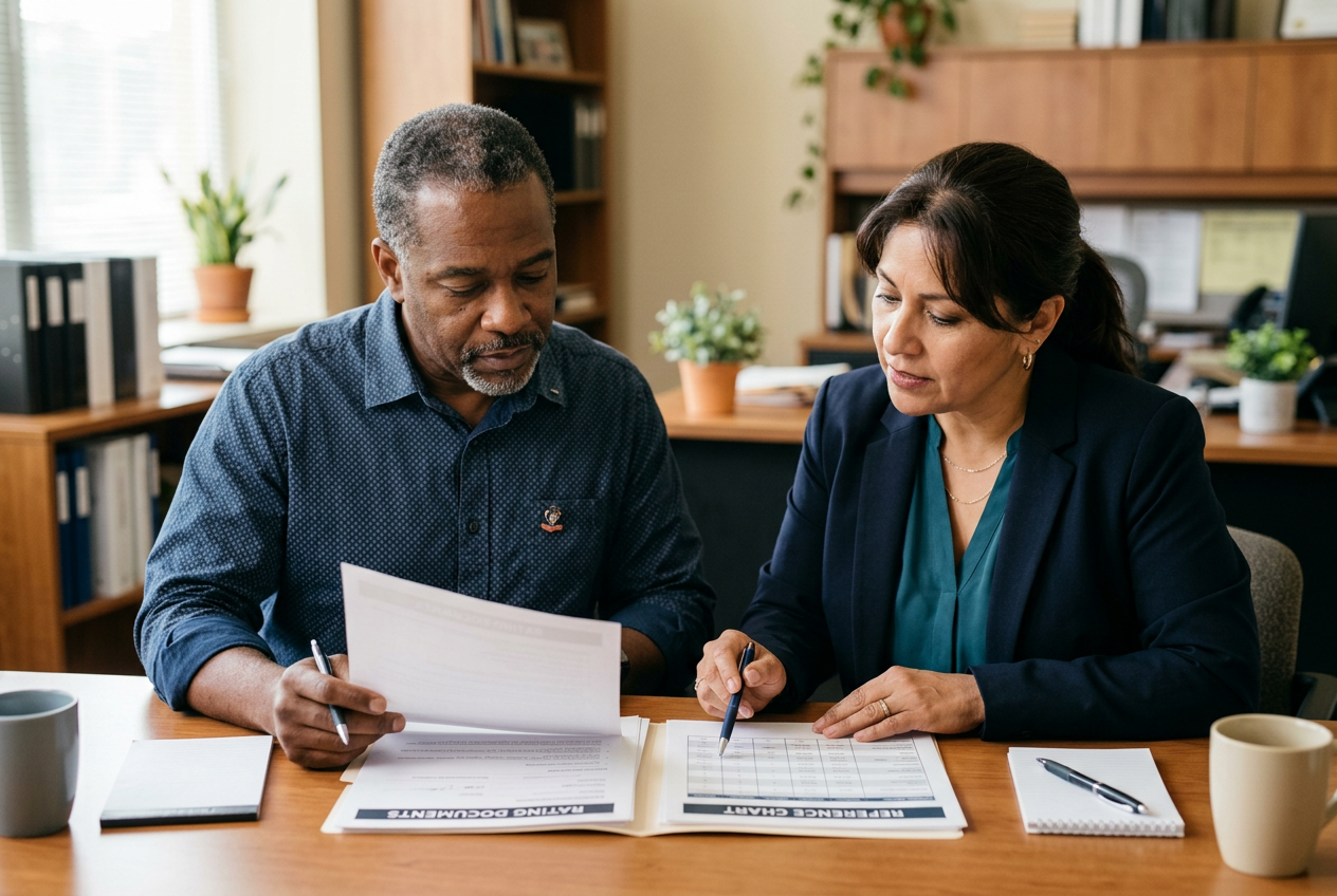 A military veteran and an advisor comparing a rating document against a reference chart at a desk