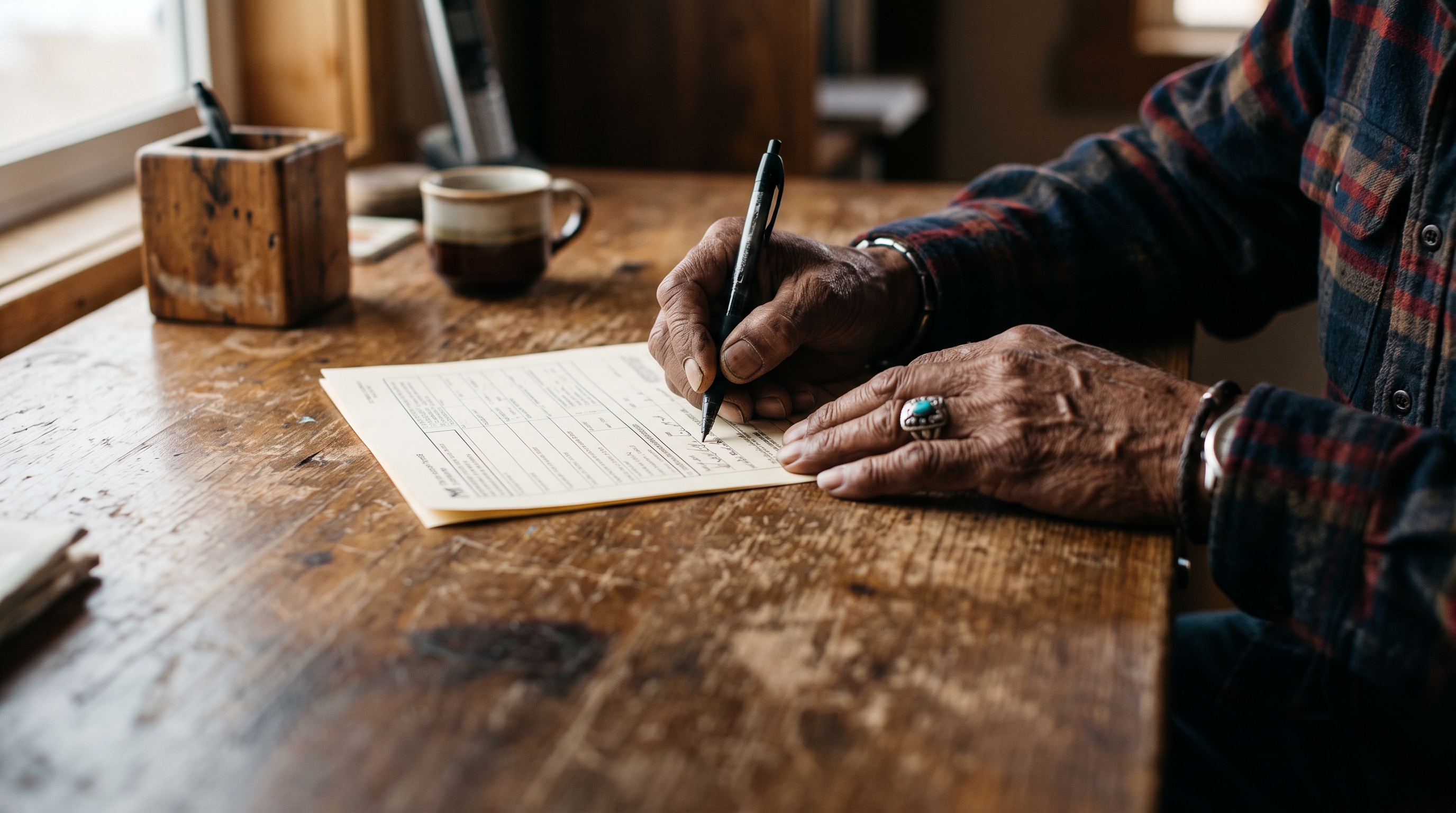A veteran filling out a single-page Intent to File form by hand