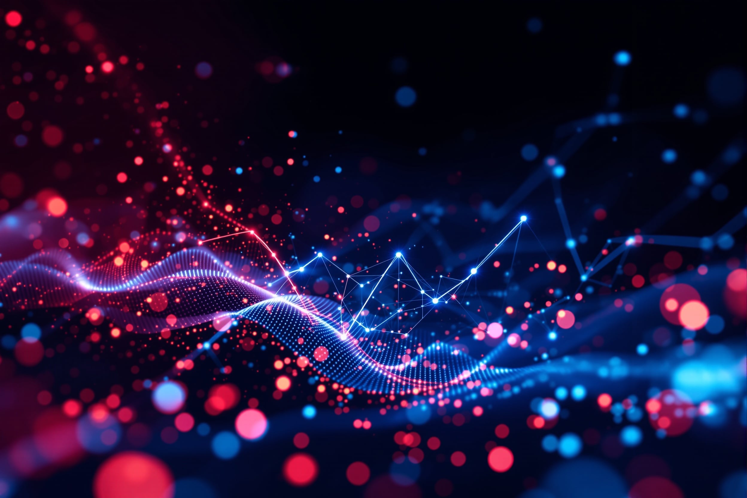 Abstract data visualization showing digital information flowing through space with analytical graphs