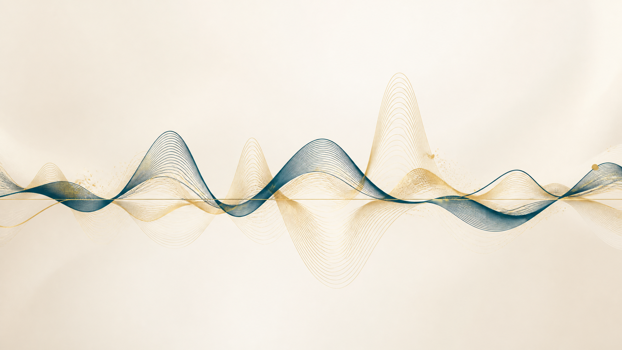 Elegant gold and teal sound waves flowing across an ivory background