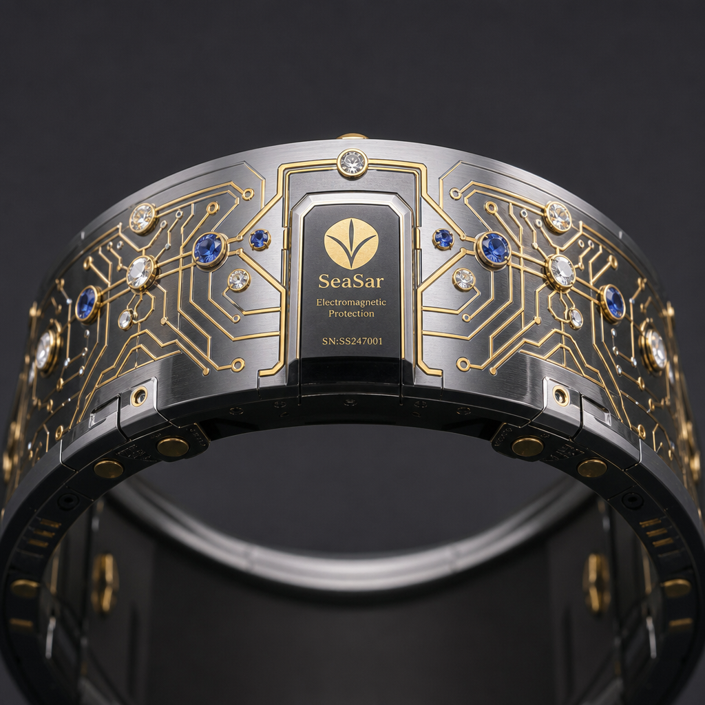 SeaSar crown macro engineering view showing gold circuit inlays and embedded gemstones