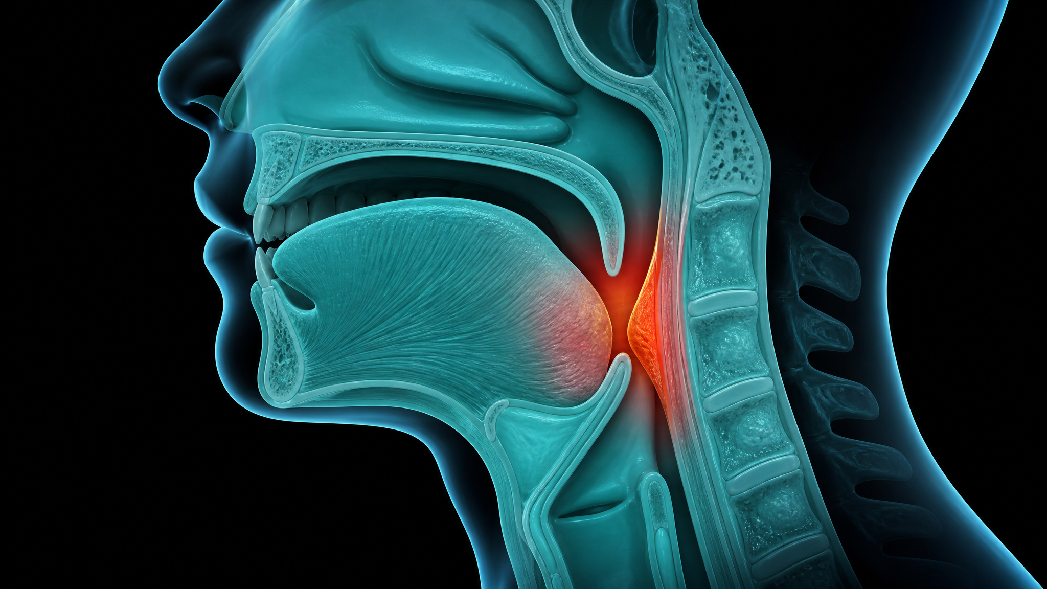 A 3D anatomical render of a human upper airway on a black background, showing the soft palate and tongue base collapsing against the posterior pharyngeal wall, obstructing airflow in teal and red tones