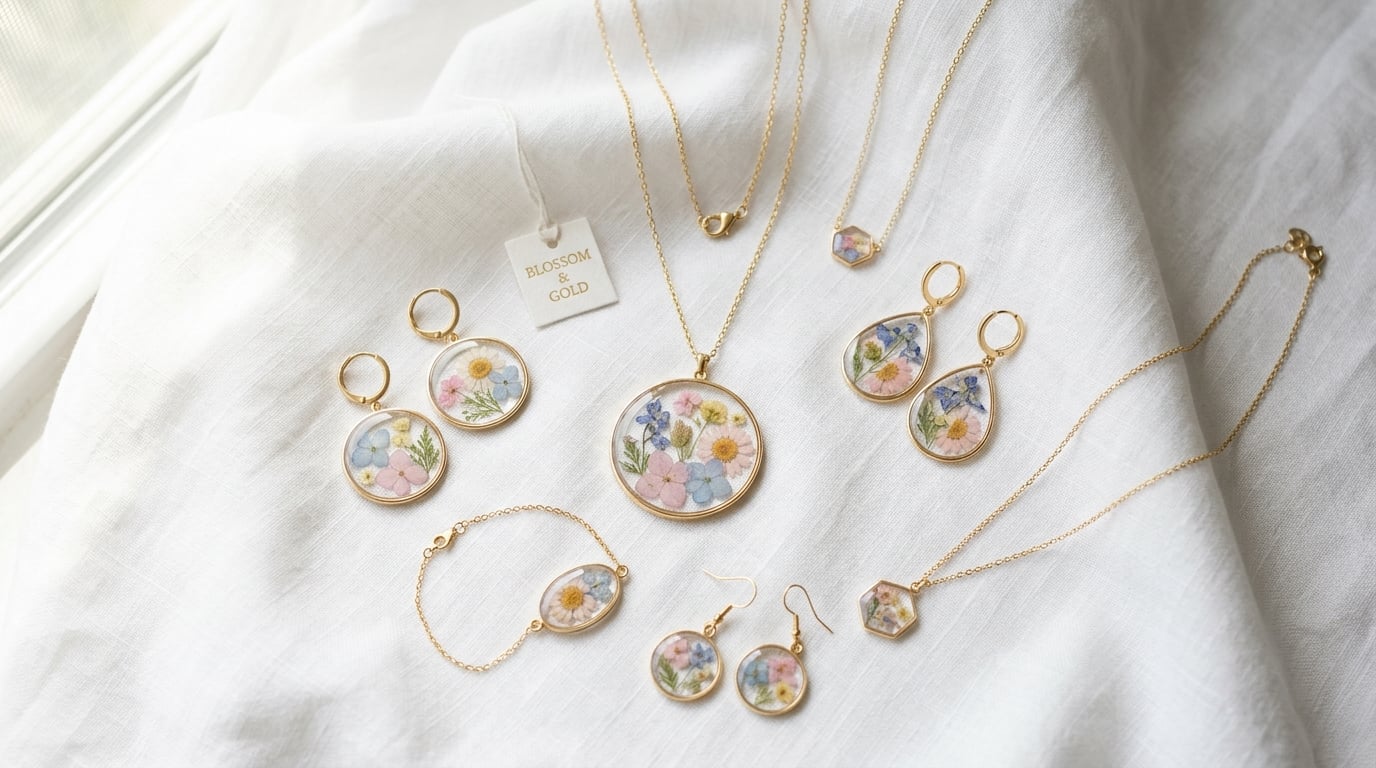 Handcrafted flower resin jewelry collection by NUE Craft