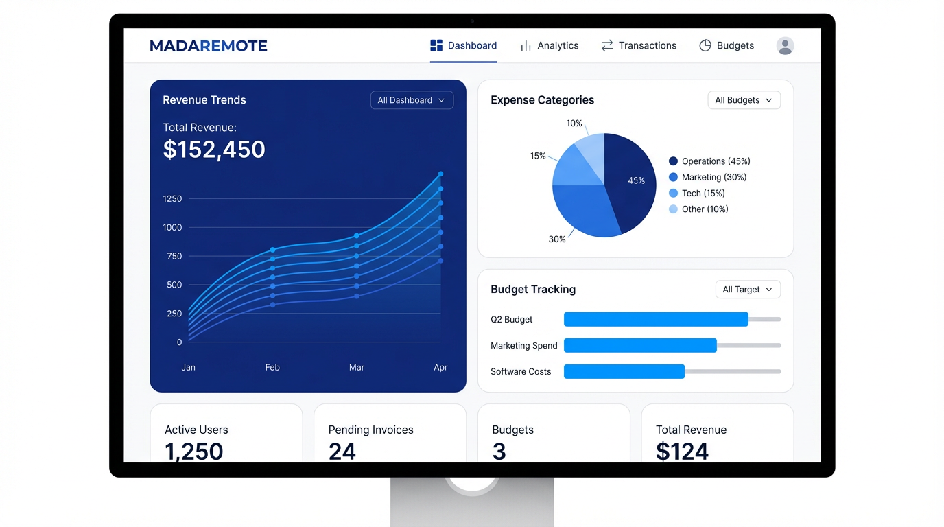 MADAAREMOTE financial dashboard showing expense tracking and budget analytics