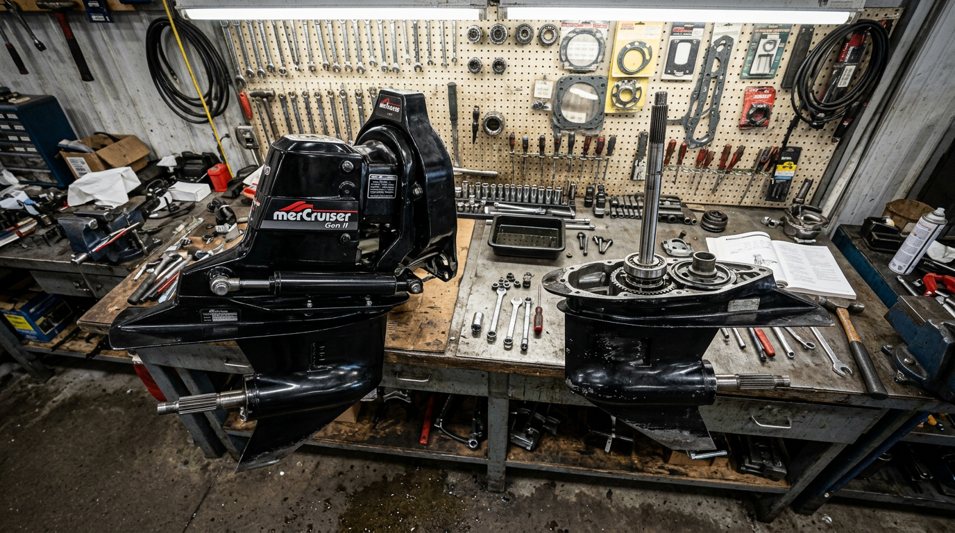 Complete counter-rotation Alpha One Gen II sterndrive beside a separate counter-rotating lower unit gearcase on a workshop bench