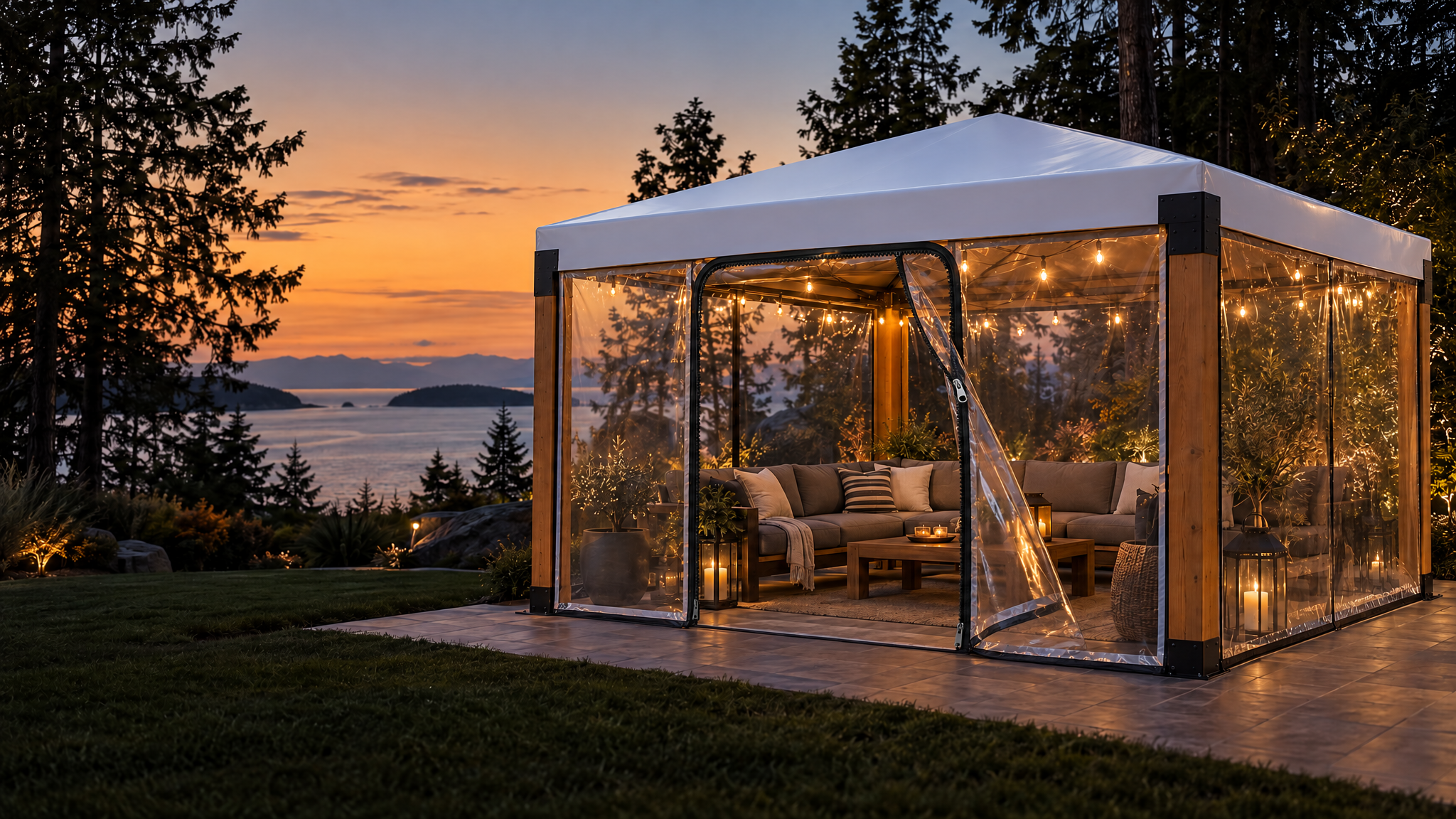 Modern pergola with transparent seasonal enclosure — concept imagery