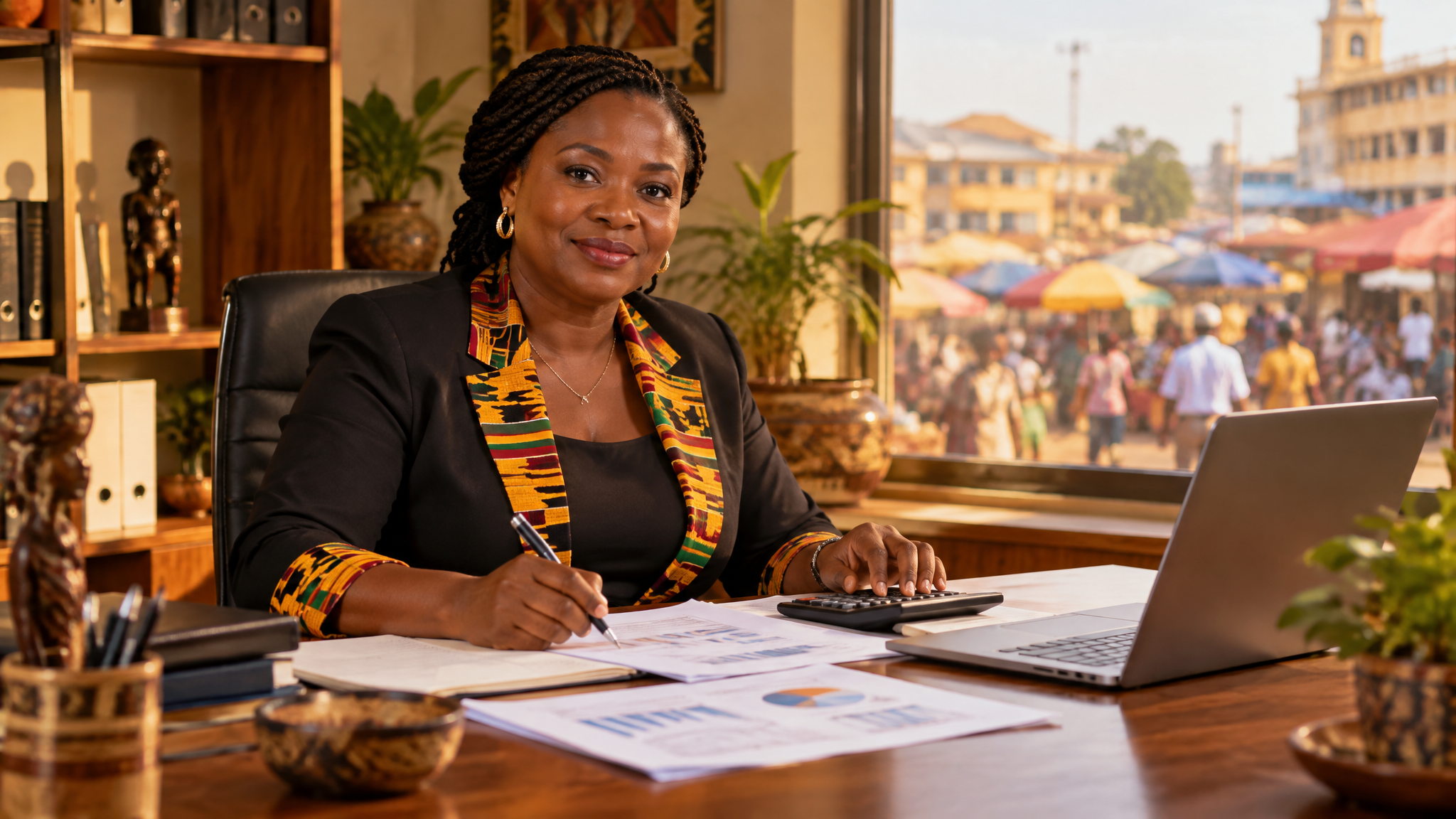 A Ghanaian businesswoman in a kente-accented blazer reviews financial and pension planning documents at a wooden desk, with a warm Ghanaian market scene visible through the window behind her.