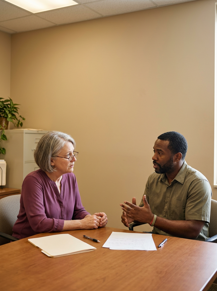 Older white female counselor at an office desk across from a Black male veteran discussing the functional and occupational impact of hip rotation and abduction limitation