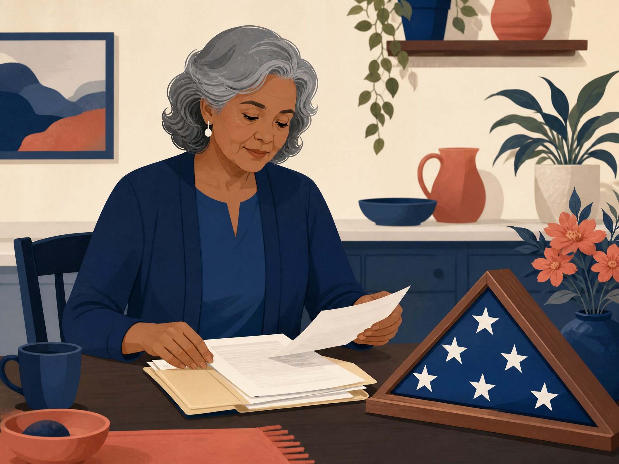 A senior surviving spouse at a home desk in morning light calmly organizing the veterans discharge papers, death certificates, and documents into a folder