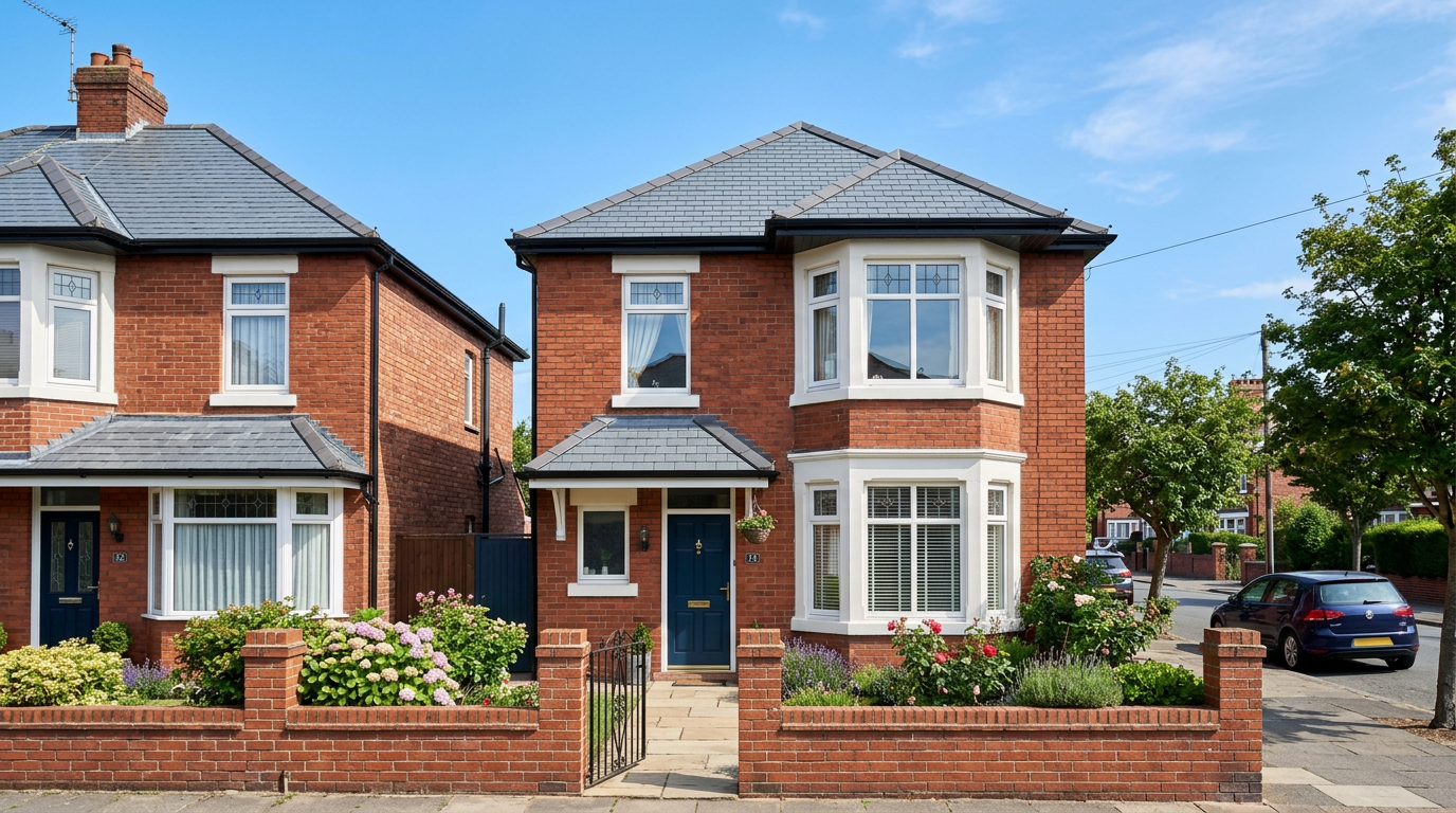 UK semi-detached house with a newly installed grey slate pitched roof