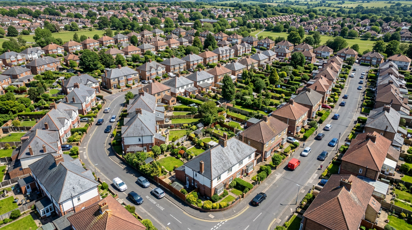 Aerial view of UK suburban house rooftops