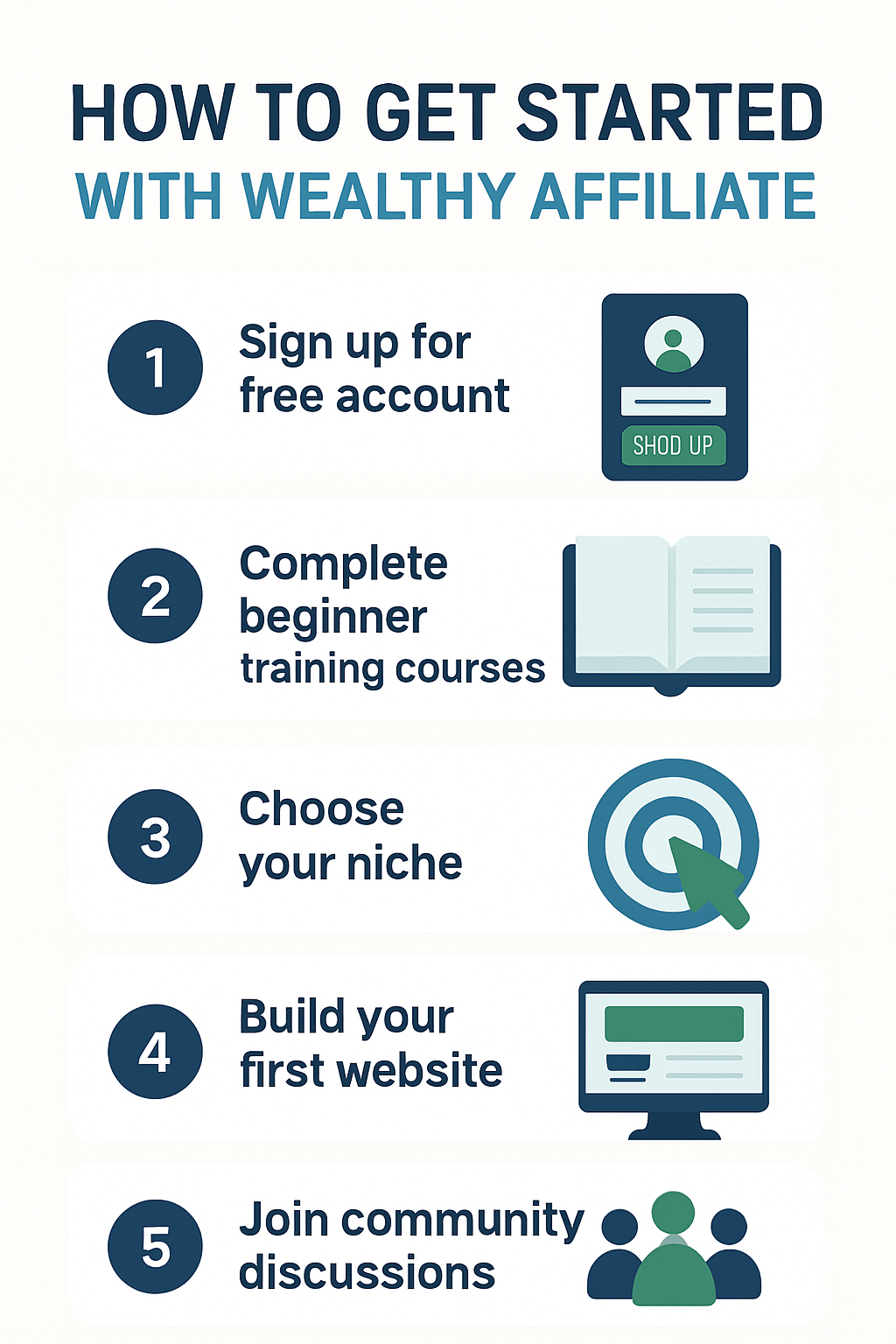 Step-by-step visual guide showing how to get started with Wealthy Affiliate for beginners