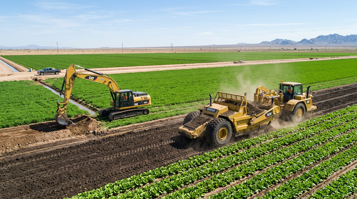 Scraper and wheel loader working farmland near Yuma, Arizona with irrigation fields and desert light