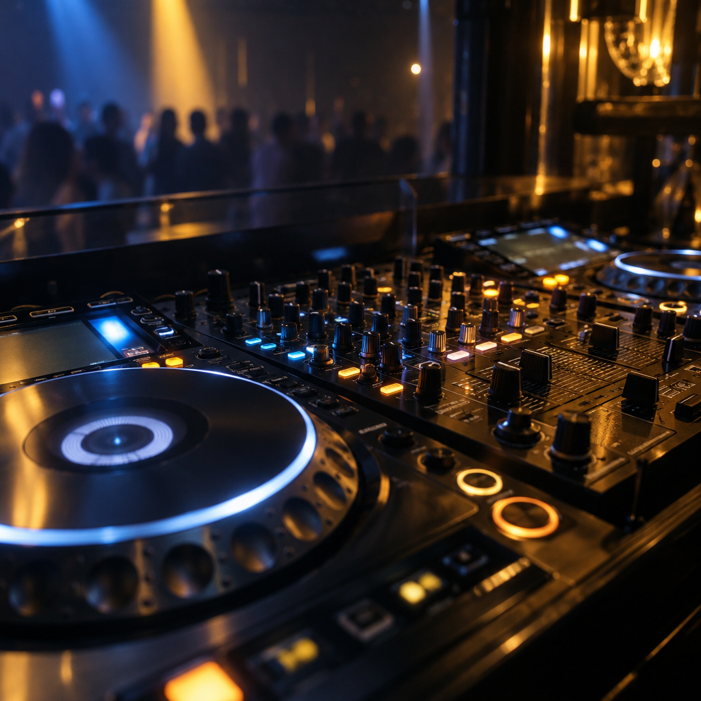 Professional DJ equipment in a dark club