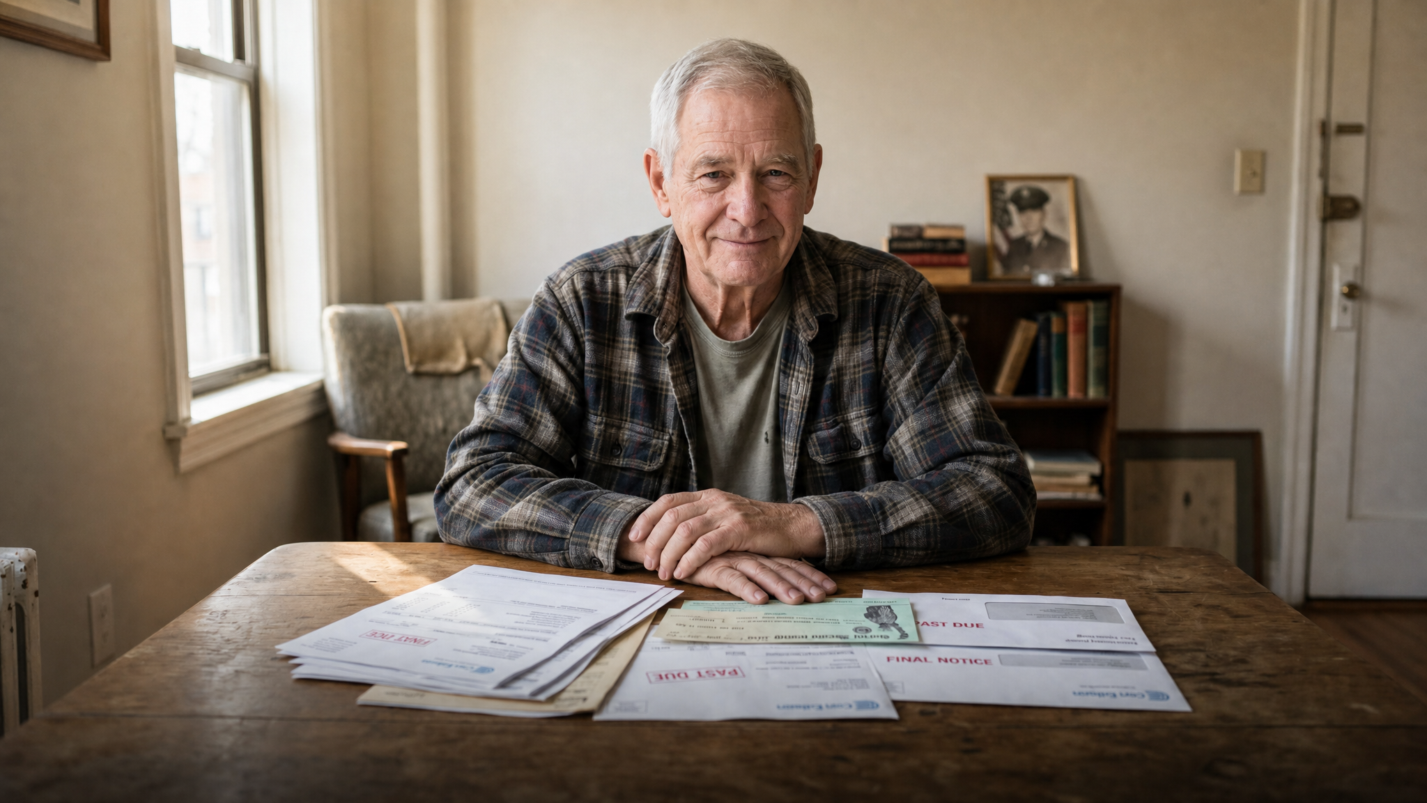 The same older veteran looking relieved and reassured after learning his pension will rise