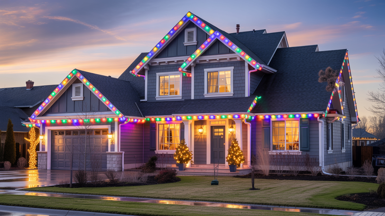 Professional holiday lighting installation on a beautiful home at dusk