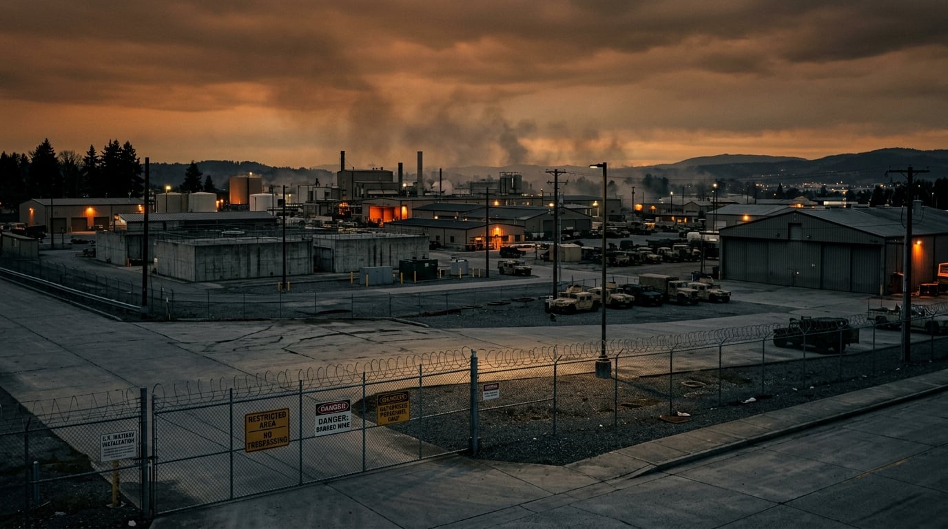 Military installation at dusk with industrial buildings and warning signage