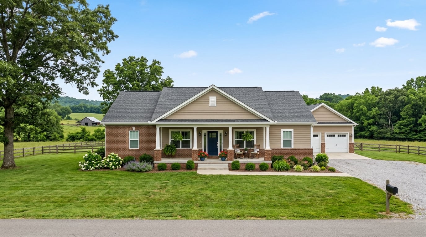 Completed ranch-style custom home with covered porch