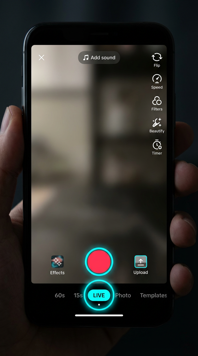 TikTok recording mode selection showing LIVE option highlighted among other modes