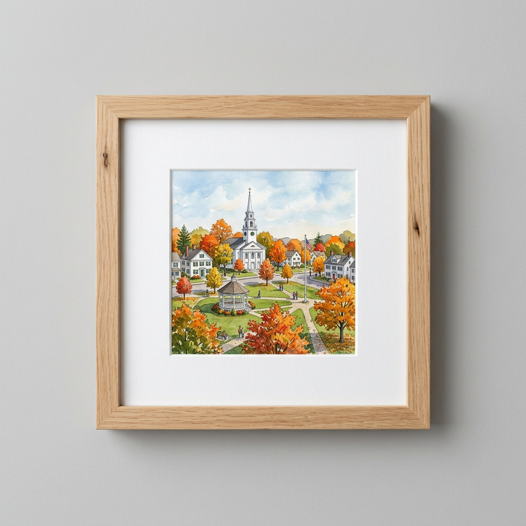 Framed Watercolor of a New England Town Green