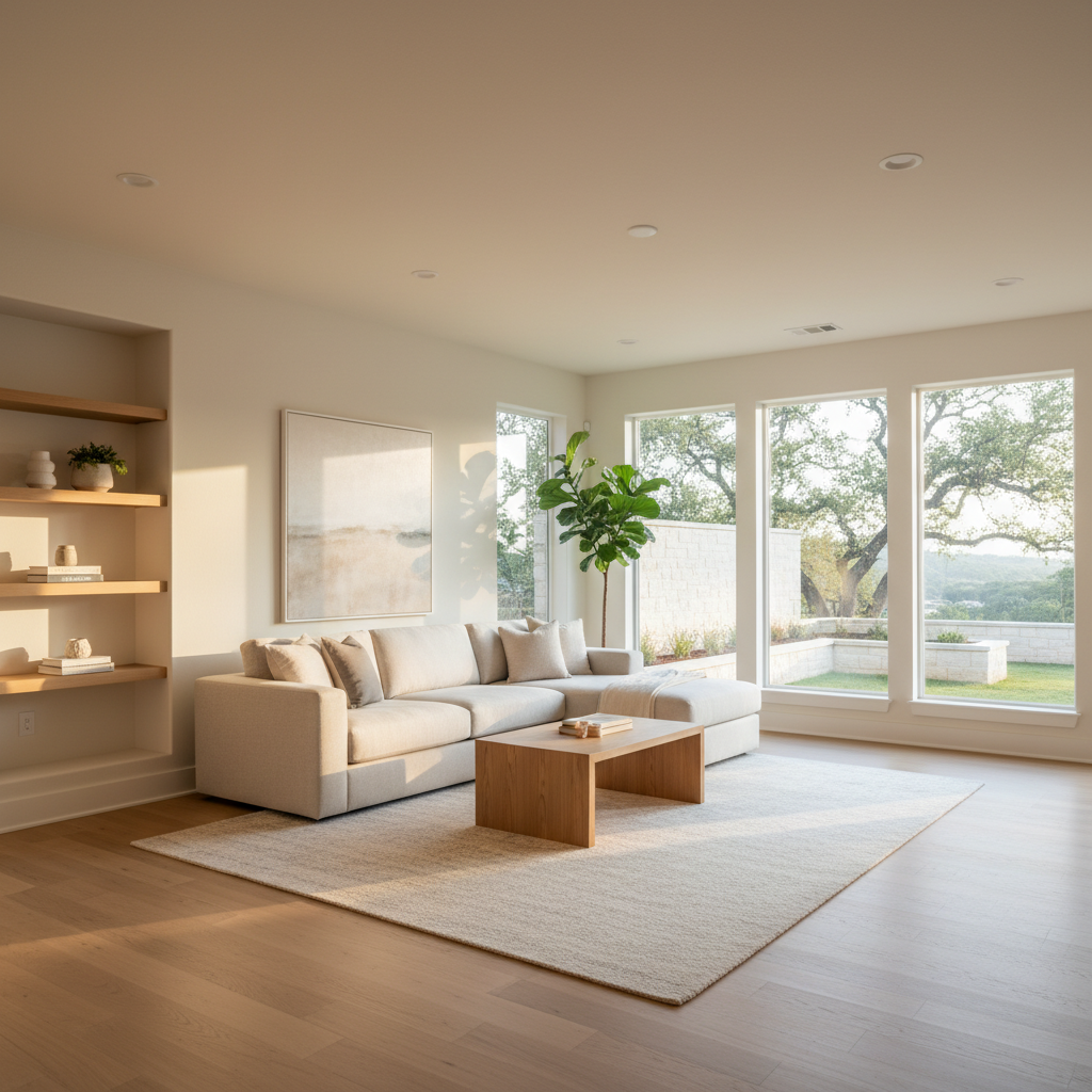 Staged living room of a Leander, TX home ready to sell quickly