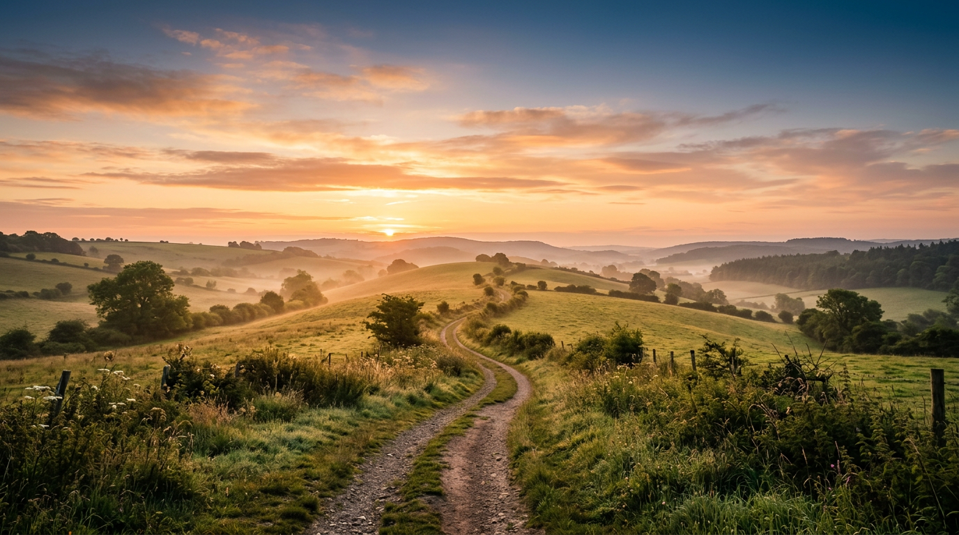 Nascer do sol sobre paisagem calma com caminho simples representando rotina simplificada