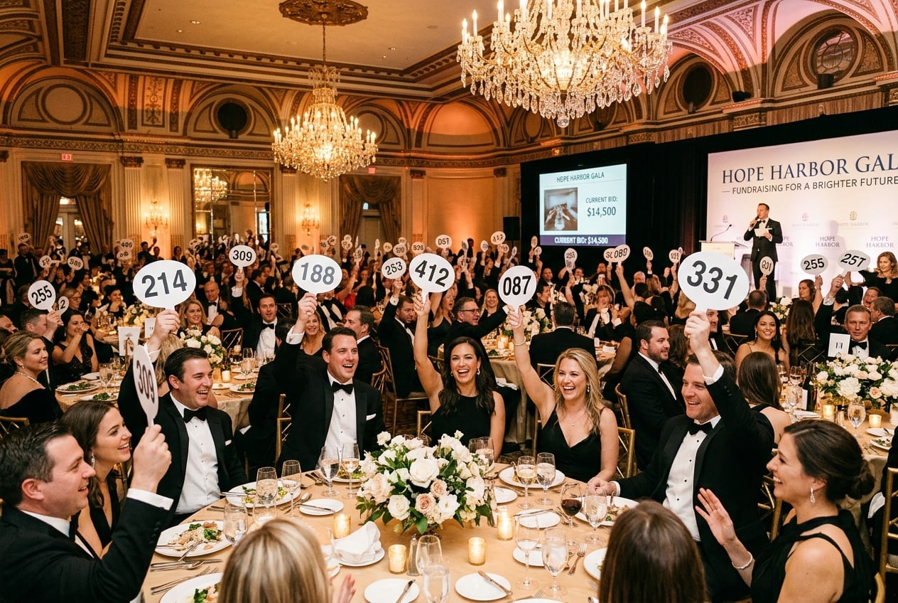 Charity auction gala with attendees excitedly raising numbered bid paddles