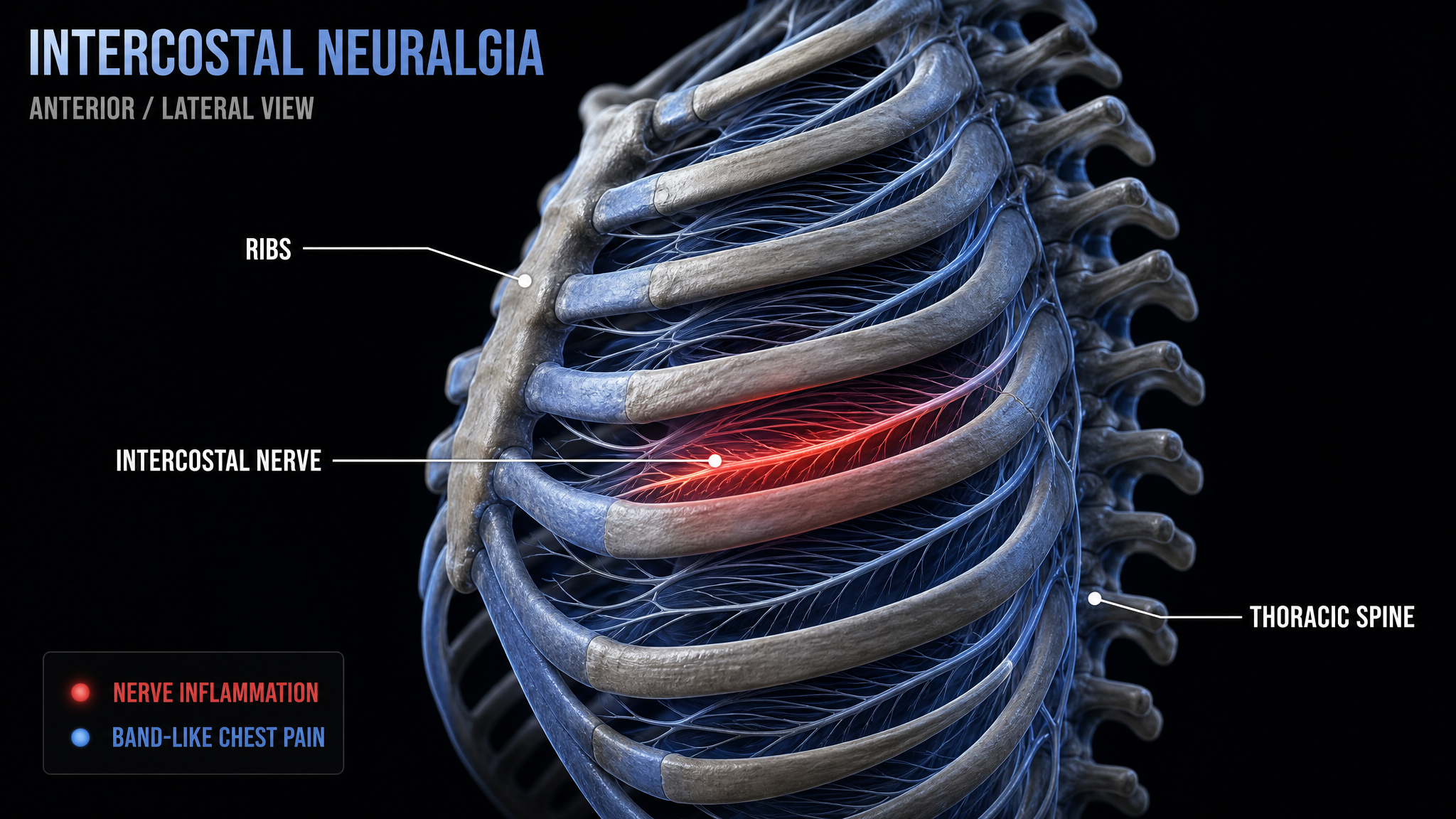 Intercostal neuralgia diagram, inflamed intercostal nerve between the ribs