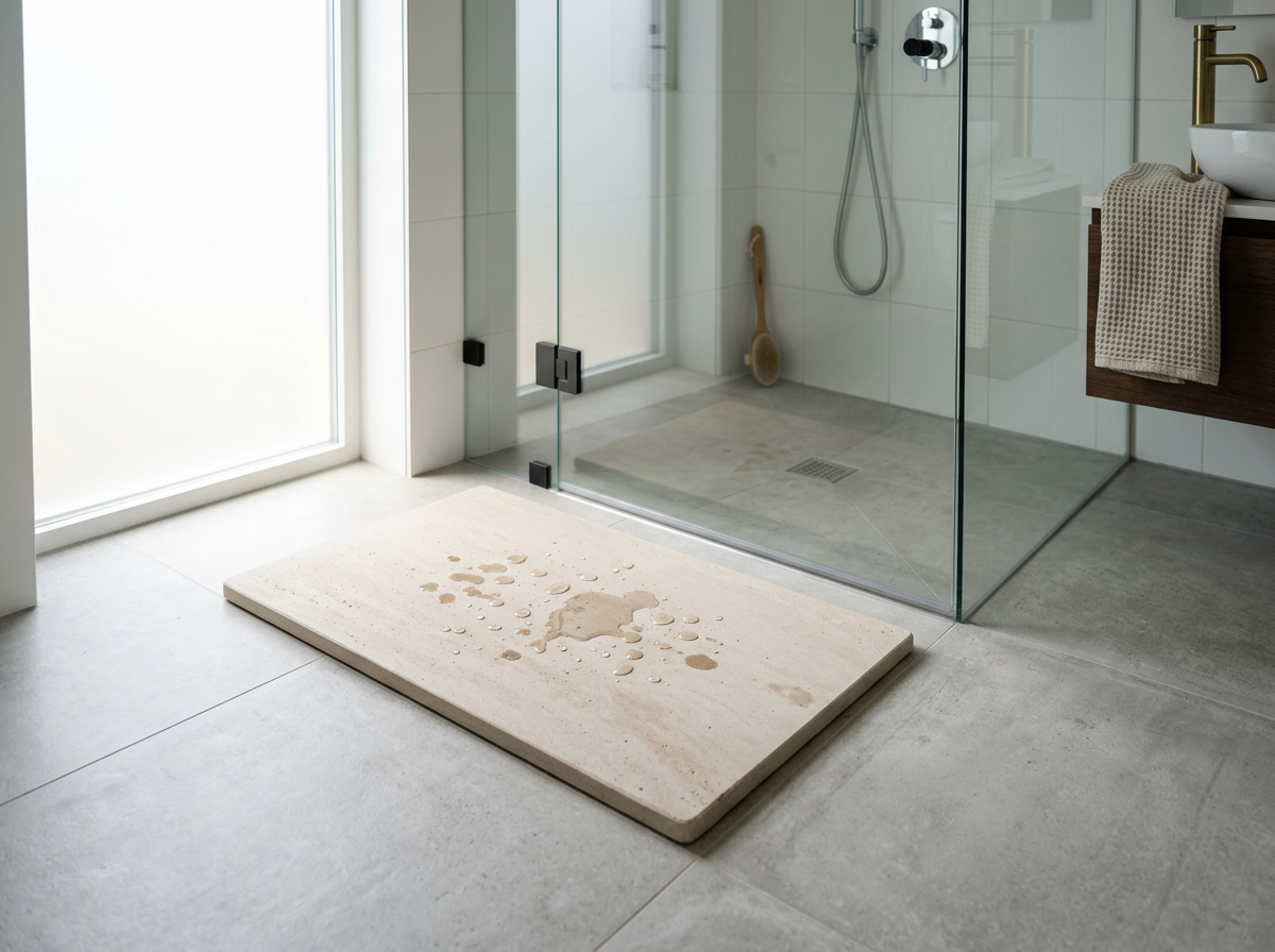 Stone bath mat on a modern bathroom floor next to a walk-in shower, absorbing water droplets