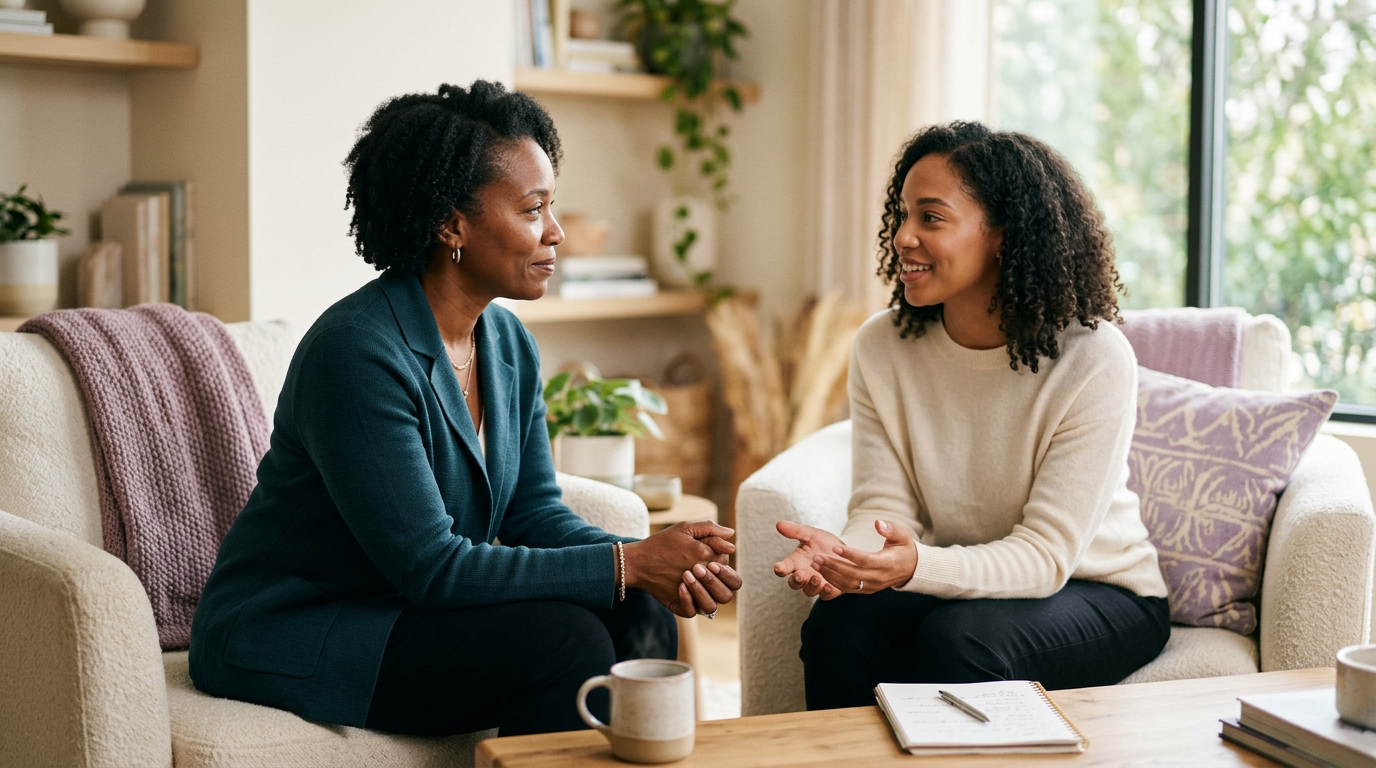 An intimate coaching session in a warm professional setting