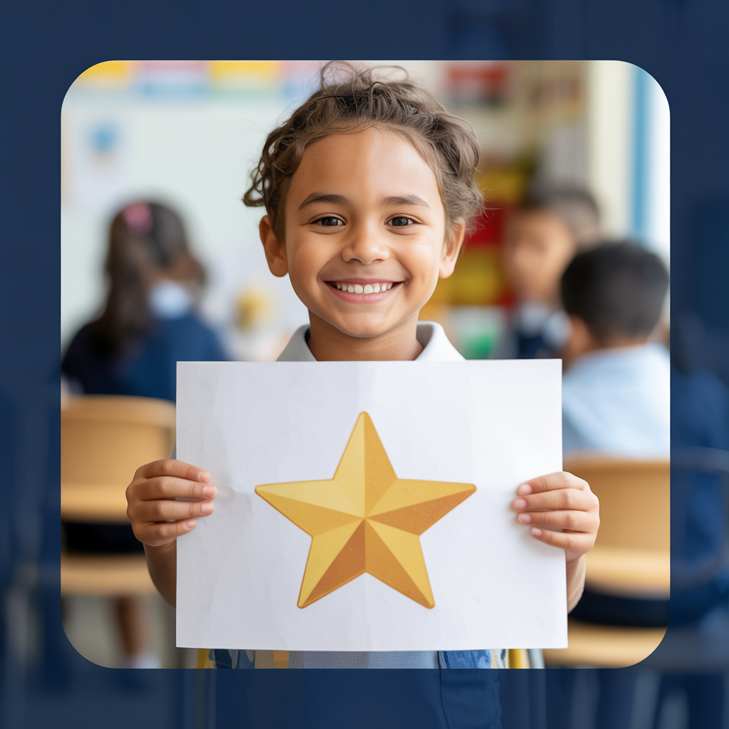 Young student proudly holding up a paper with a gold star, celebrating academic achievement