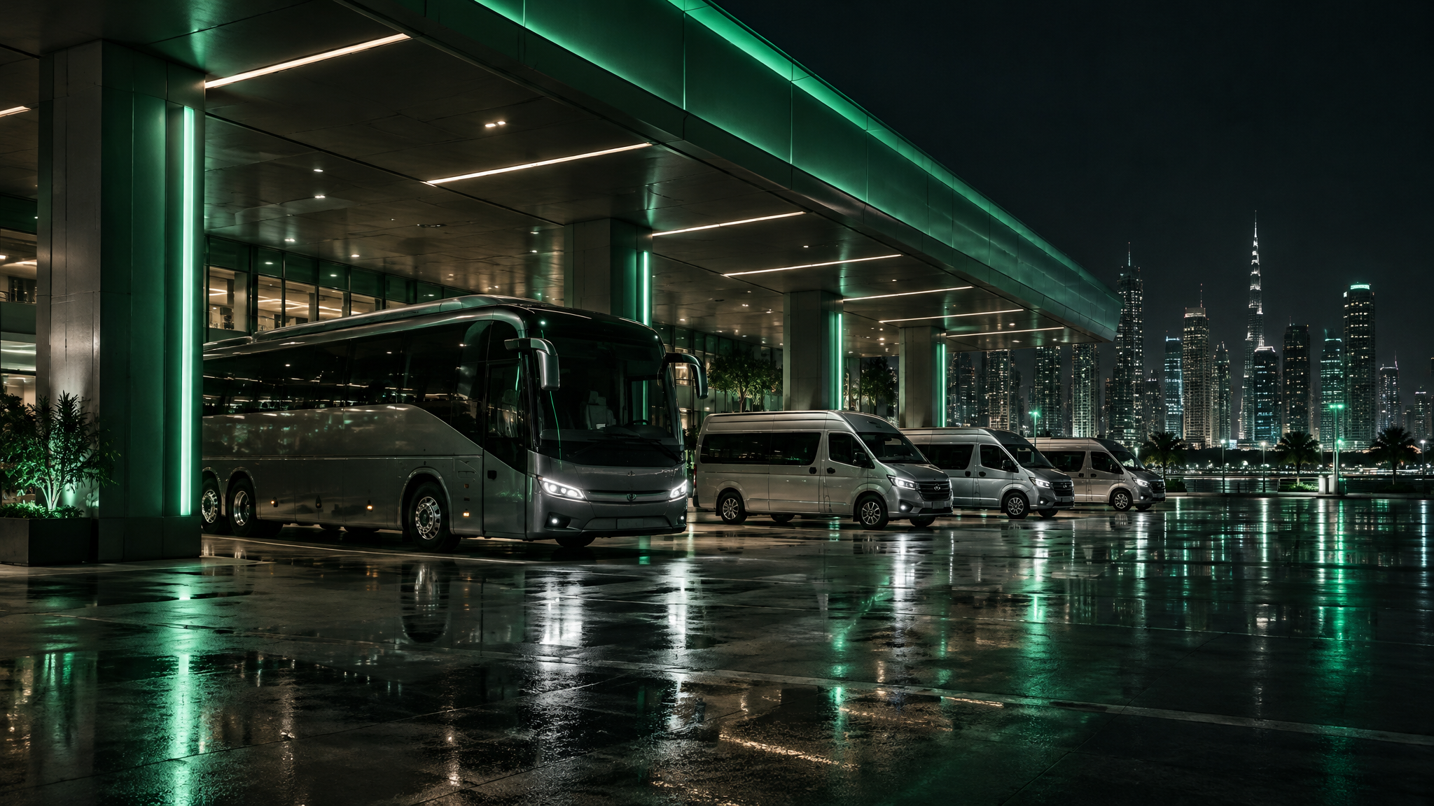 Transport hub with fleet vehicles under emerald lighting