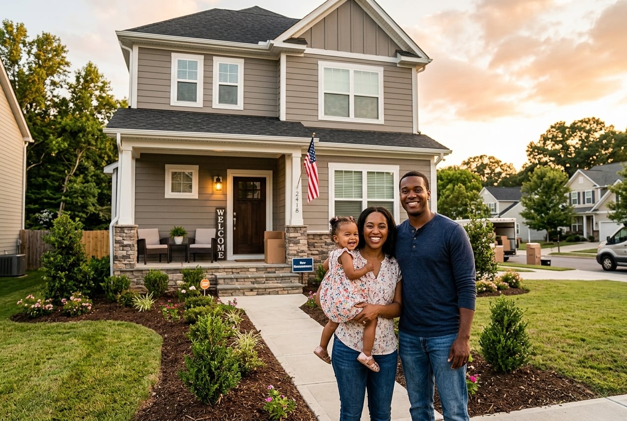Military family embracing at home