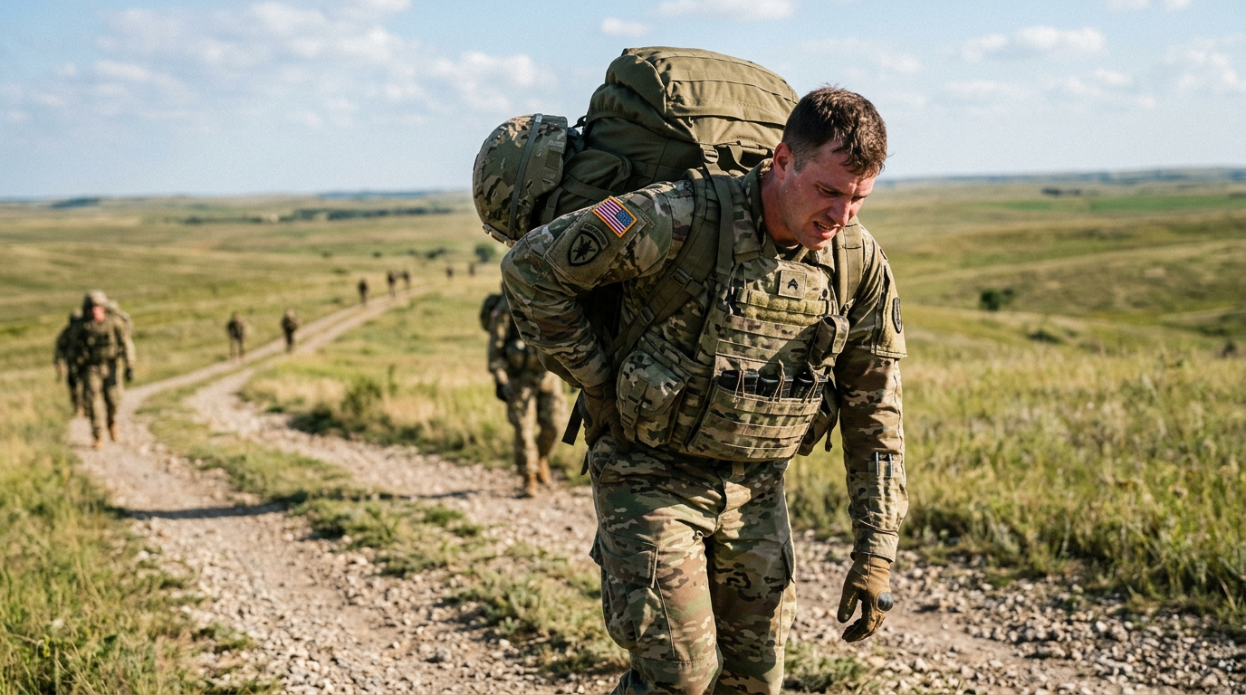 A white U.S. Army soldier in his early thirties on a long ruck march in full pack and plate carrier, leaning forward under the load with one hand pressed to his lower back, strain visible through the lumbar spine